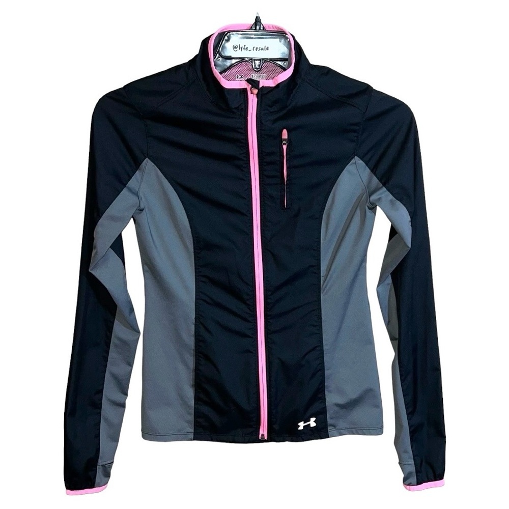 Under Armour Track Jacket Women’s Size XS Black Gray Pink Semi-Fitted Cold Gear